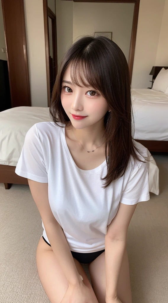 Tabletop, Highest quality, figure, Very detailed, In detail, High resolution, 8k wallpaper, Perfect dynamic composition, Beautiful fine details, ,Straight Hair,、Natural color lip, Bold sexy pose,smile,luxury house room、20-year-old girl、cute、sexy shot looking at camera,Ultra-realistic raw photos,My chest is open、whole body、Thighs、Sexy pose、Leg spread、White、T-Shirts、Nipples are visible