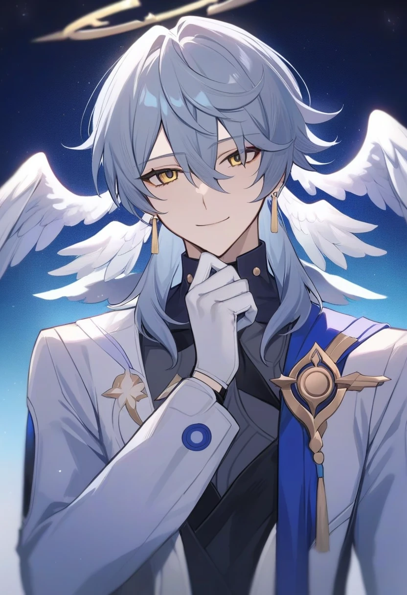 masterpiece,best quality,sunday_(honkai:_star_rail), black_shirt, sidelocks, white_wings, smile, looking_at_viewer, gloves, closed_mouth, solo, hand_up, shirt, head_wings, long_sleeves, jewelry, white_gloves, jacket, eyelashes, simple_background, halo, wings, white_background, feathered_wings, 1boy, half_body, male_focus, earrings, star night background