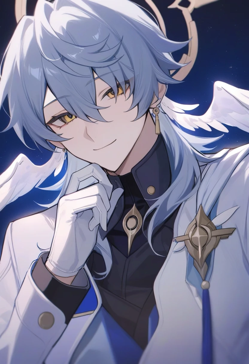 masterpiece,best quality,sunday_(honkai:_star_rail), black_shirt, sidelocks, white_wings, smile, looking_at_viewer, gloves, closed_mouth, solo, hand_up, shirt, head_wings, long_sleeves, jewelry, white_gloves, jacket, eyelashes, simple_background, halo, wings, white_background, feathered_wings, 1boy, half_body, male_focus, earrings, star night background