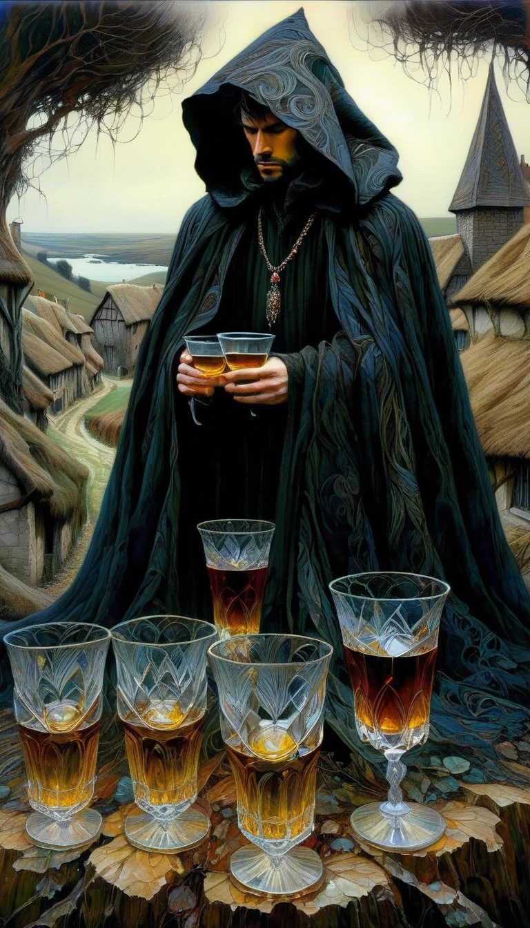 a man in a big black cloak on a small hill, sadness, standing, five glasses of liquor on the ground, medieval village in landscape view (art inspired by Brian Froud and Carne Griffiths and Wadim Kashin, intricate details, oil painting)