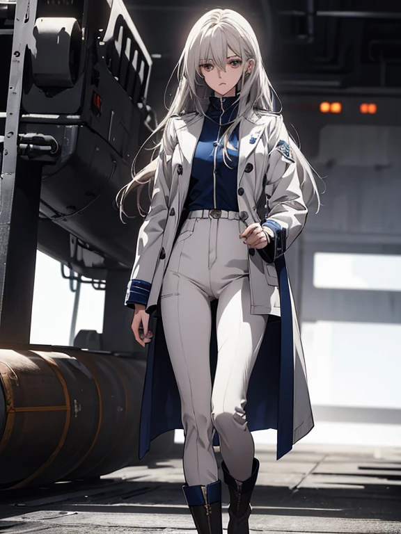 (Confused, High resolution, Very detailed), 1 female, Silver Hair,Long Hair,Reddish brown eyes,White and blue pilot suit,White long coat,Navy blue skinny pants,boots,Standing with good posture,24th generation,beauty,mature,thin,quiet,Calm,Hanger,talk,Threatening,Unpleasant,Annoying,White long coat,