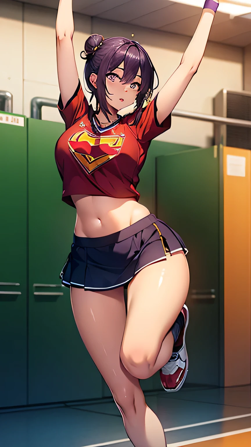 Very detailed CG Unity 8K wallpaper),(masterpiece), (Highest quality), (Very detailed), (Best illustrations),(Best Shadow), Dynamism,Functional,Voluptuous,,Purple eyes and purple hair in a bun,Large Breasts　venue,Cheerleader　Cheer crop top　cheer 　Dance with one leg raised　 wedge　Dynamic pose