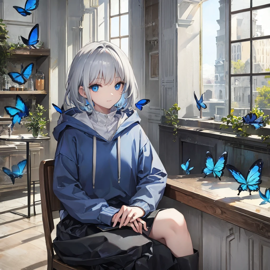(((1 person Gray Hair Cafe Sit by the window blue eyes))) ((High resolution short hair hoodie Black Skirt Rin々Funny face)) ((Close-up)) ((Blue Butterfly Asahi Shining Aura Catch the wind Holding a cup Drink coffee)) (smile Bathed in light) Shining Background Shining Edge