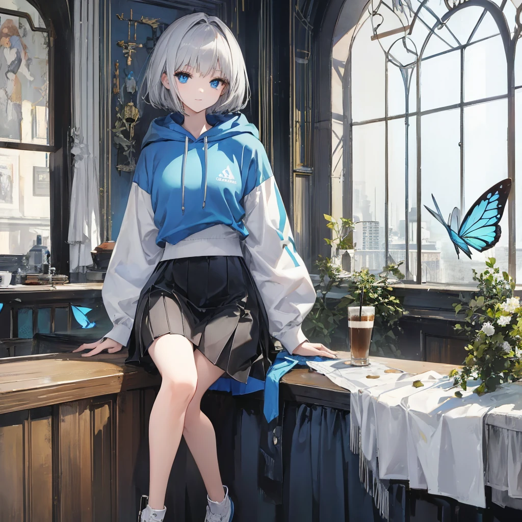 (((1 person　Gray Hair　Cafe　Sit by the window　blue eyes)))　((High resolution　short hair　hoodie　Black Skirt　Rin々Funny face))　((Close-up))　((Blue Butterfly　Asahi　Shining Aura　Catch the wind　Holding a cup　Drink coffee))　(smile　Bathed in light)　Shining Background　Shining Edge