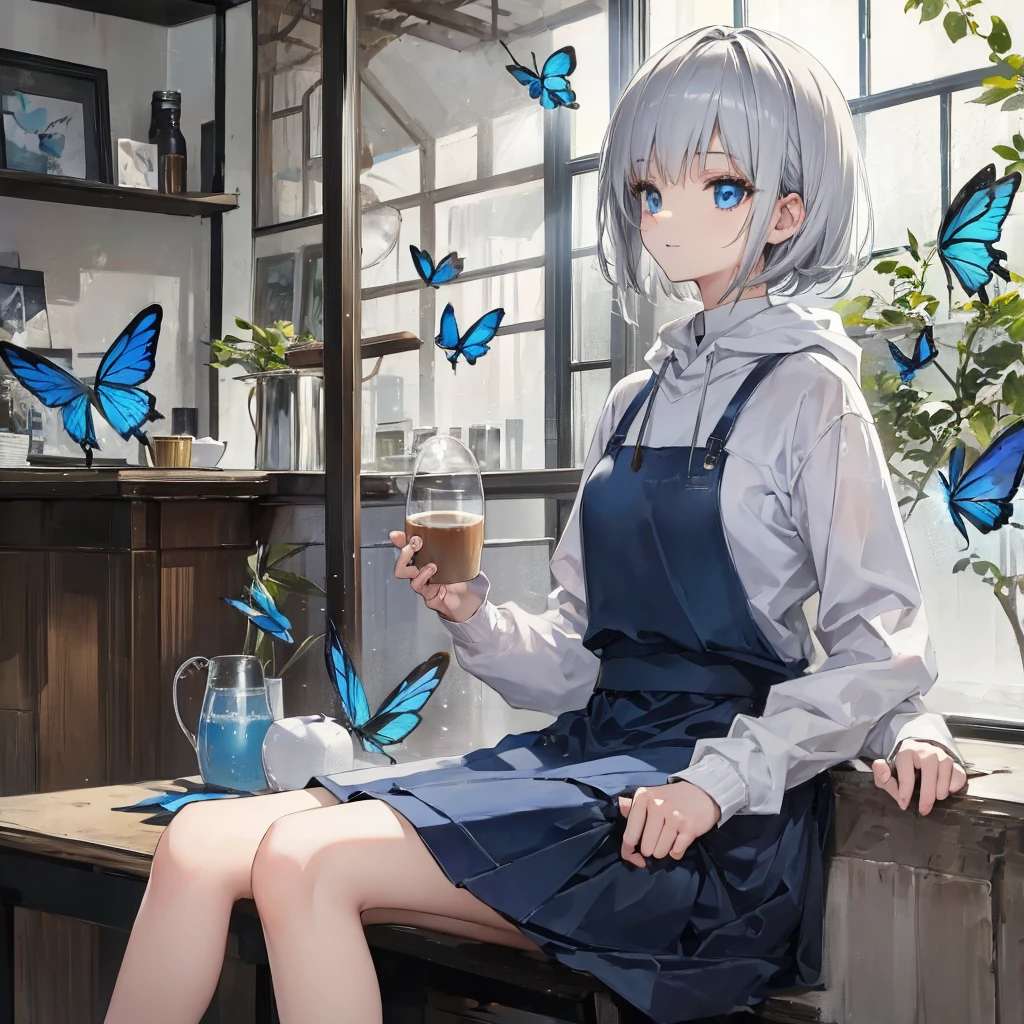 (((1 person　Gray Hair　Cafe　Sit by the window　blue eyes)))　((High resolution　short hair　hoodie　Black Skirt　Rin々Funny face))　((Close-up))　((Blue Butterfly　Asahi　Shining Aura　Catch the wind　Holding a cup　Drink coffee))　(smile　Bathed in light)　Shining Background　Shining Edge