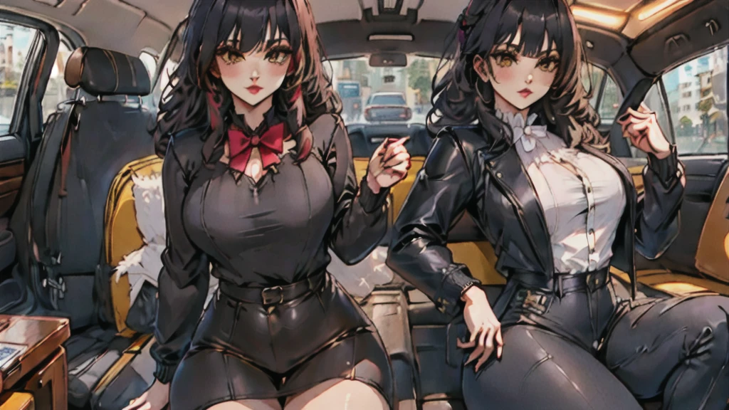 (neocruz and junkotvv)(hands on thighs, backwards, Heavyweight, big boy, leather jacket:1.2), picture of a couple inside a Taxi at evening, 1 chico, male focus, Tall Man, soon one, male with leather jacket, black man, evening:1.4) (Taxi, evening, auto, Backseat, looking at another:1.3) BREAK