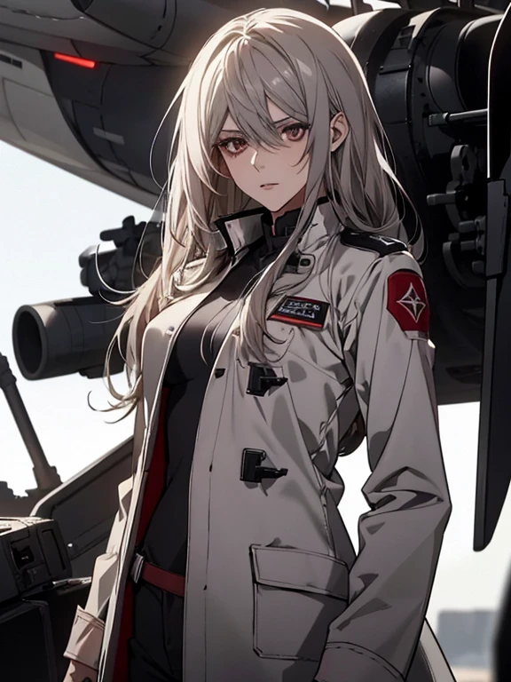 (Confused, High resolution, Very detailed), 1 female, Silver Hair,Long Hair,Reddish brown eyes,Red and black pilot suit,White long coat,Navy blue skinny pants,bu-tu 24th generation,beauty,mature,thin,quiet,Calm,In the cockpit,talk,Threatening,Unpleasant,Annoying,White long coat,