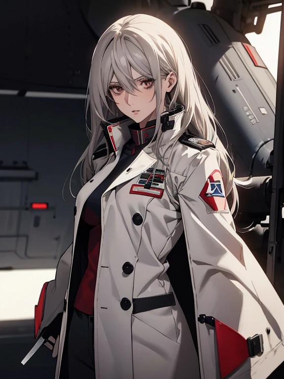 (Confused, High resolution, Very detailed), 1 female, Silver Hair,Long Hair,Reddish brown eyes,Red and black pilot suit,White long coat,Navy blue skinny pants,bu-tu 24th generation,beauty,mature,thin,quiet,Calm,In the cockpit,talk,Threatening,Unpleasant,Annoying,White long coat,