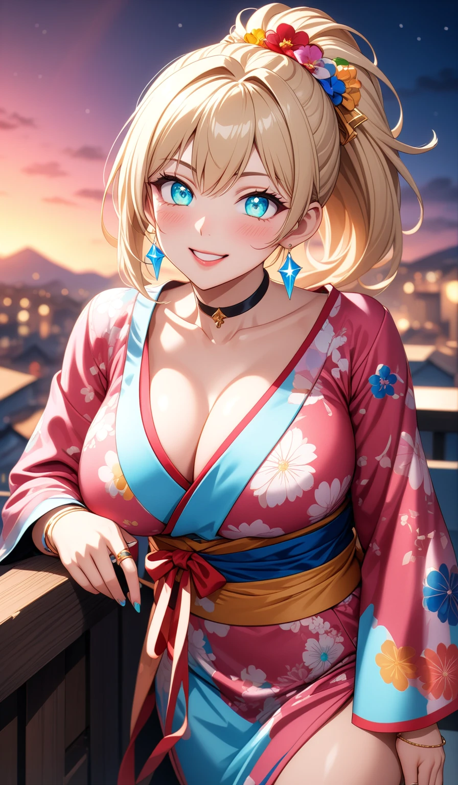((One personの女性)), Beautiful Face, ((Looking Outside:1.8)),Laughing embarrassedly,((Wink:1.8)),Laugh with your mouth wide open((Bright red cheeks:1.4)),Glossy pink lips,night,rooftop,Festive decorations,You can see the ocean, firework,Laughing with your mouth open,Glossy pink lips,Facial lighting,((Anime style background)),masterpiece, Highest quality, so beautiful,up to date, Complex details, (Pink long nails),(ring),(bracelet),(choker),AI-generated, Complex,High resolution, Highest quality, super high quality,3D Images、3D Images,One person,Long blonde hair,High Ponytail,(turquoise blue eyes),Anime woman posing for a photo, ((Fine grain、Colorful eyes、Shining Eyes:1.4)),(Squint your eyes:1.1),a hyperRealistic , hyperRealistic , Realistic,Anime woman with long white hair, Smooth anime CG art, A woman in a colorful kimono with gold embroidery, (Pink long-sleeved kimono),Red floral pattern,Long flower hair ornament,big floral earrings,Mature Body,(Big Breasts:1.1),expensive,Abdominal muscles,Tight waist,(Face Zoom:1.8),Shooting from below at an angle