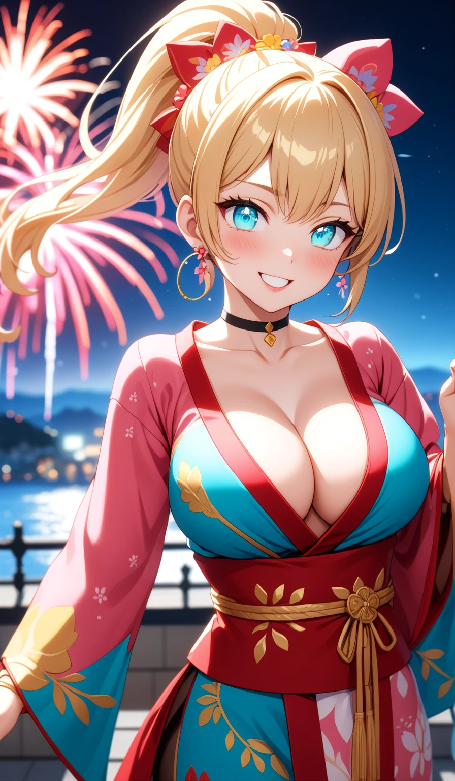 ((One personの女性)), Beautiful Face, ((Looking Outside:1.8)),Laughing embarrassedly,((Wink:1.8)),Laugh with your mouth wide open((Bright red cheeks:1.4)),Glossy pink lips,night,rooftop,Festive decorations,You can see the ocean, firework,Laughing with your mouth open,Glossy pink lips, lighting,((Anime style background)),masterpiece, Highest quality, so beautiful,up to date, Complex details, (Pink long nails),(ring),(bracelet),(choker),AI-generated, Complex,High resolution, Highest quality, super high quality,3D Images、3D Images,One person,Long blonde hair,High Ponytail,(turquoise blue eyes),Anime woman posing for a photo, ((Fine grain、Colorful eyes、Shining Eyes:1.4)),(Squint your eyes:1.1),a hyperRealistic , hyperRealistic , Realistic,Anime woman with long white hair, Smooth anime CG art, A woman in a colorful kimono with gold embroidery, (Pink long-sleeved kimono),Red floral pattern,Long flower hair ornament,big floral earrings,Mature Body,(Big Breasts:1.1),expensive,Abdominal muscles,Tight waist,(Face Zoom:1.8),Shooting from below at an angle