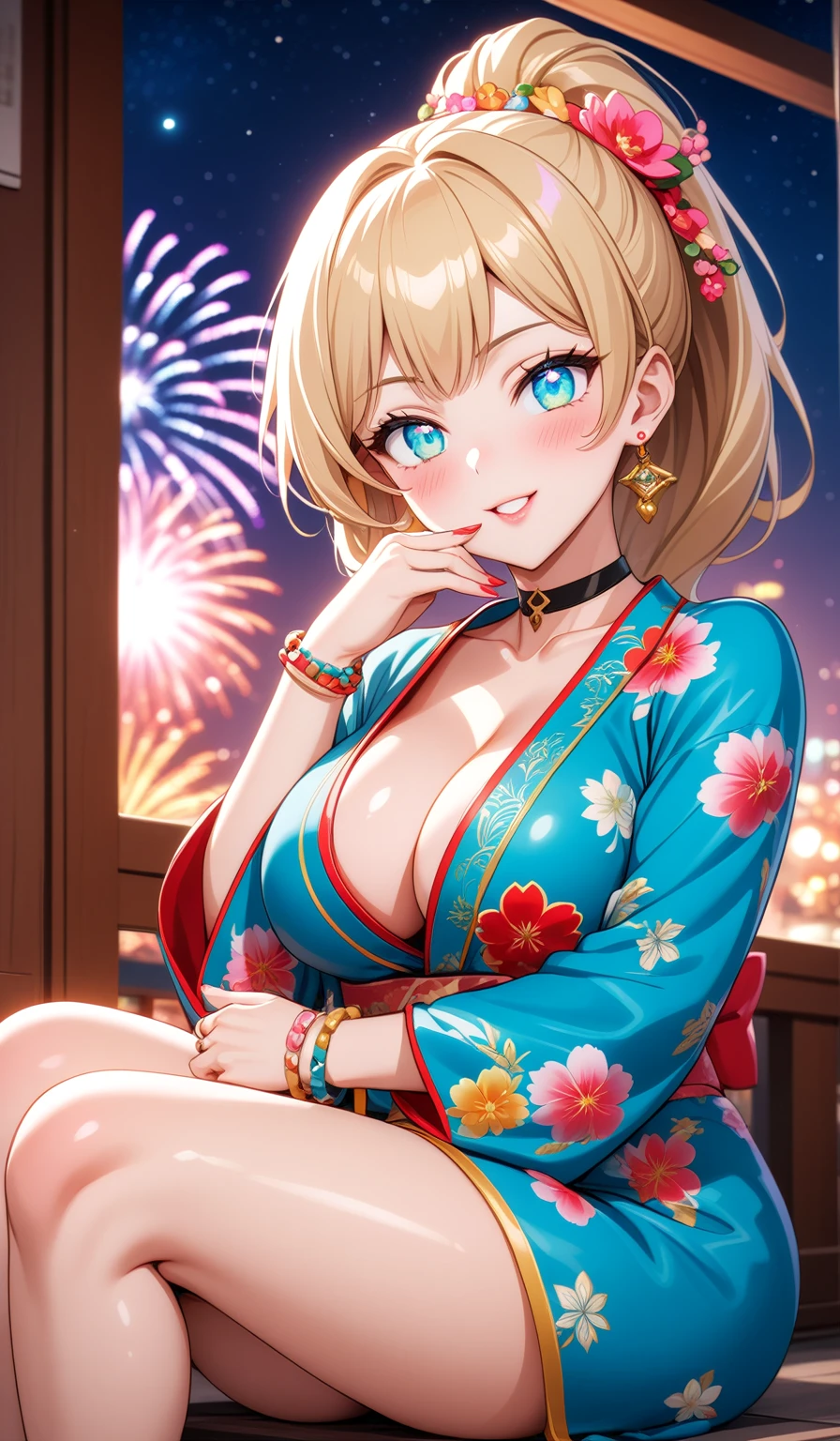 ((One personの女性)), Beautiful Face, ((Looking Outside:1.8)),Laughing embarrassedly,((Wink:1.8)),Laugh with your mouth wide open((Bright red cheeks:1.4)),Glossy pink lips,night,rooftop,Festive decorations,You can see the ocean, firework,Laughing with your mouth open,Glossy pink lips,Facial lighting,((Anime style background)),masterpiece, Highest quality, so beautiful,up to date, Complex details, (Pink long nails),(ring),(bracelet),(choker),AI-generated, Complex,High resolution, Highest quality, super high quality,3D Images、3D Images,One person,Long blonde hair,High Ponytail,(turquoise blue eyes),Anime woman posing for a photo, ((Fine grain、Colorful eyes、Shining Eyes:1.4)),(Squint your eyes:1.1),a hyperRealistic , hyperRealistic , Realistic,Anime woman with long white hair, Smooth anime CG art, A woman in a colorful kimono with gold embroidery, (Pink long-sleeved kimono),Red floral pattern,Long flower hair ornament,big floral earrings,Mature Body,(Big Breasts:1.1),expensive,Abdominal muscles,Tight waist,(Face Zoom:1.8),Shooting from below at an angle