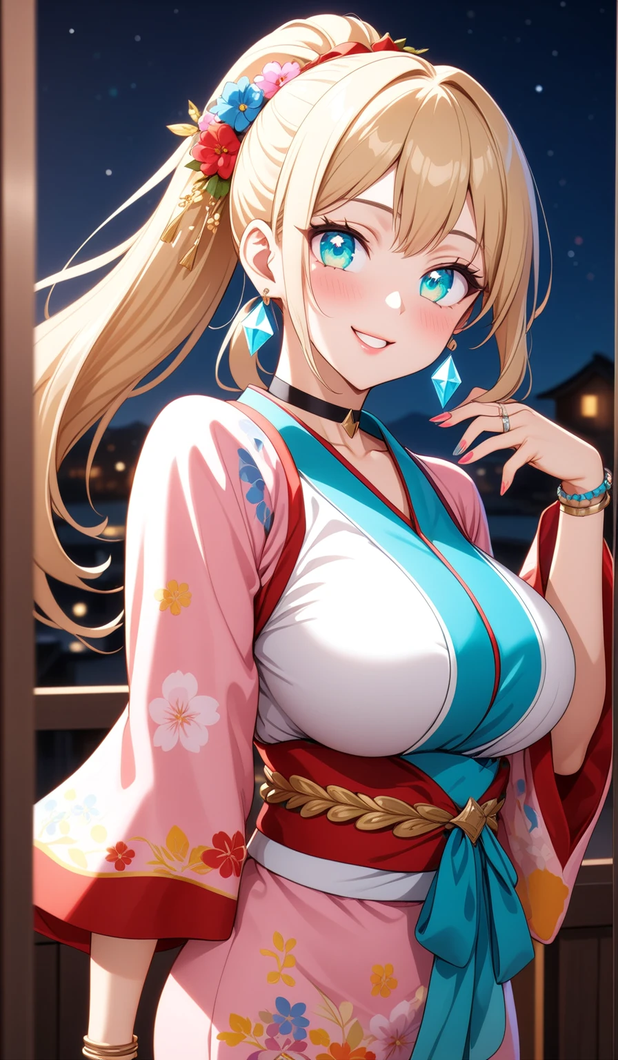 ((One personの女性)), Beautiful Face, ((Looking Outside:1.8)),Laughing embarrassedly,((Wink:1.8)),Laugh with your mouth wide open((Bright red cheeks:1.4)),Glossy pink lips,night,rooftop,Festive decorations,You can see the ocean, firework,Laughing with your mouth open,Glossy pink lips,Facial lighting,((Anime style background)),masterpiece, Highest quality, so beautiful,up to date, Complex details, (Pink long nails),(ring),(bracelet),(choker),AI-generated, Complex,High resolution, Highest quality, super high quality,3D Images、3D Images,One person,Long blonde hair,High Ponytail,(turquoise blue eyes),Anime woman posing for a photo, ((Fine grain、Colorful eyes、Shining Eyes:1.4)),(Squint your eyes:1.1),a hyperRealistic , hyperRealistic , Realistic,Anime woman with long white hair, Smooth anime CG art, A woman in a colorful kimono with gold embroidery, (Pink long-sleeved kimono),Red floral pattern,Long flower hair ornament,big floral earrings,Mature Body,(Big Breasts:1.1),expensive,Abdominal muscles,Tight waist,(Face Zoom:1.8),Shooting from below at an angle