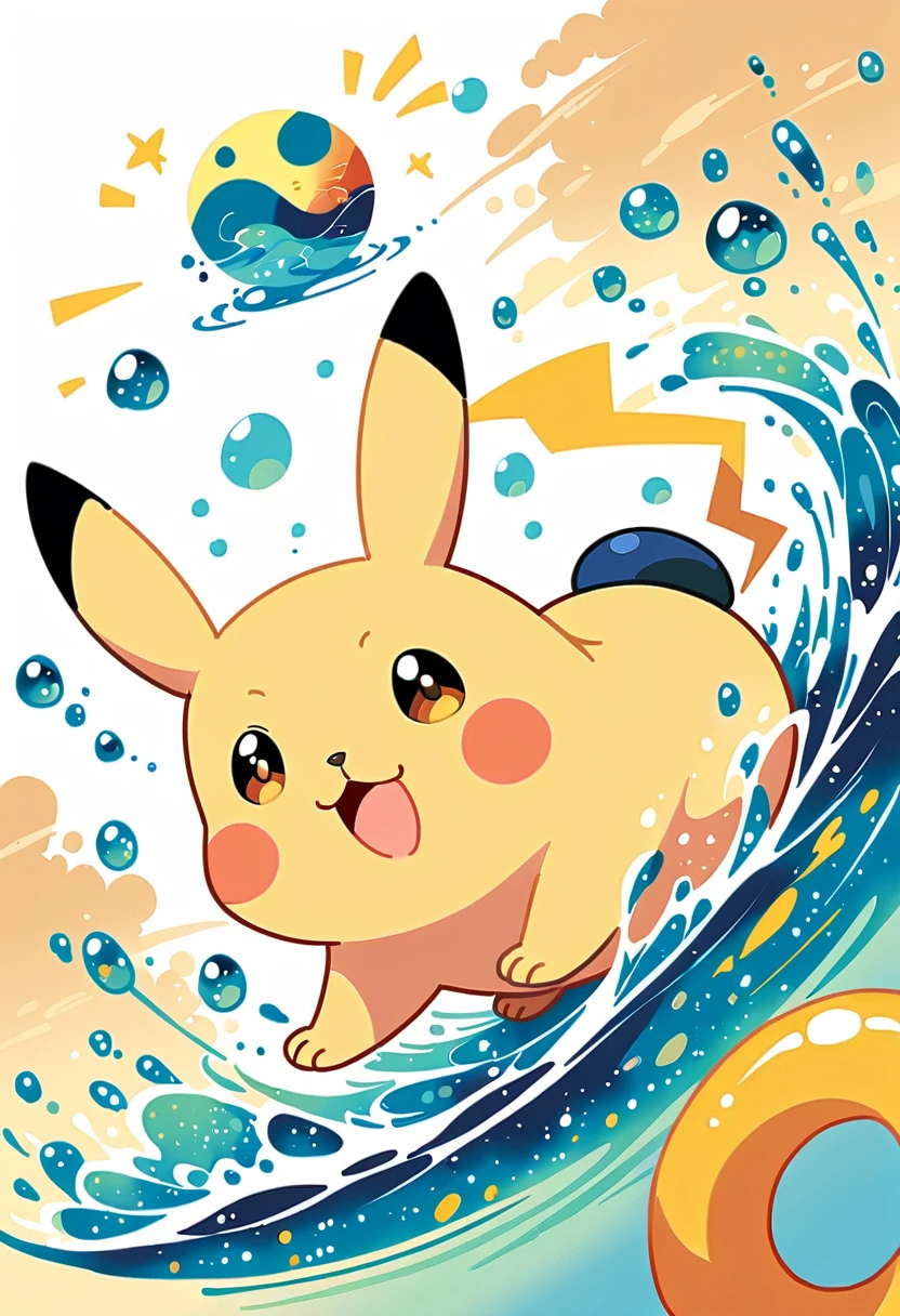 cute scene featuring Pikachu practicing swimming, Pikachu should be in a shallow pool or a calm body of water, looking determined and joyful. Use a bright and cheerful color palette with soft, painterly strokes. Include elements like a small floatation device or swim ring, water splashes around Pikachu, and perhaps a few playful bubbles. The background should feature a sunny day with clear skies, and maybe some gentle waves or distant beach scenery.