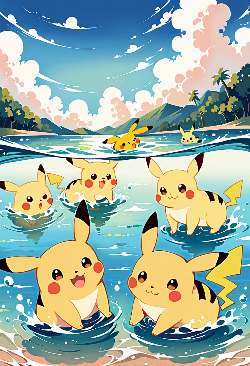 cute scene featuring Pikachu practicing swimming, Pikachu should be in a shallow pool or a calm body of water, looking determined and joyful. Use a bright and cheerful color palette with soft, painterly strokes. Include elements like a small floatation device or swim ring, water splashes around Pikachu, and perhaps a few playful bubbles. The background should feature a sunny day with clear skies, and maybe some gentle waves or distant beach scenery.