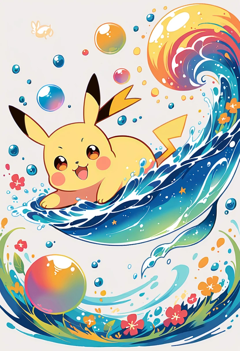 cute scene featuring Pikachu practicing swimming, Pikachu should be in a shallow pool or a calm body of water, looking determined and joyful. Use a bright and cheerful color palette with soft, painterly strokes. Include elements like a small floatation device or swim ring, water splashes around Pikachu, and perhaps a few playful bubbles. The background should feature a sunny day with clear skies, and maybe some gentle waves or distant beach scenery.
