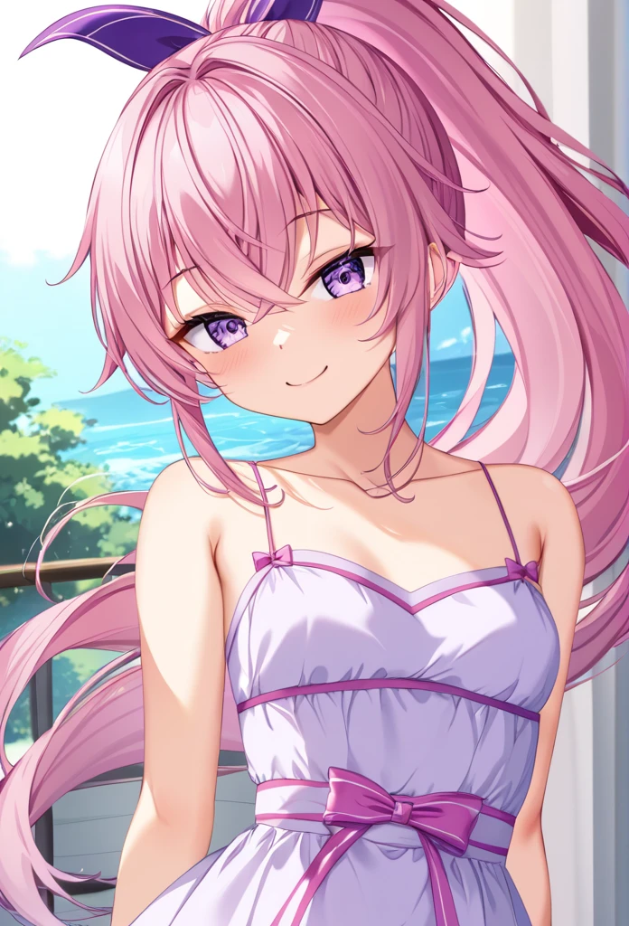 (((masterpiece)))(((Highest quality)))(((8K)))(((4K)))One Little Girl、 years old、Straight Hair、(Pink Hair)Pink high ponytail、Ribbon on head、Crossed bangs、Light purple eyes、Squint your eyes、((Smile with your mouth closed))、(((Cute Dress)))、Small breasts、Diagonally from behind、turn around、Upper Body、Anime Style