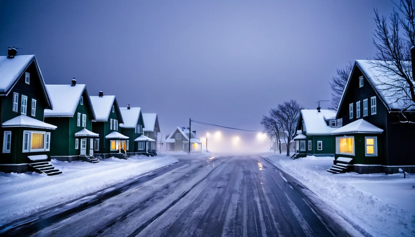 street with several, houses, blizzard, ominous night