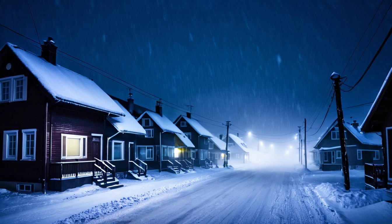 street with several, houses, blizzard, ominous night