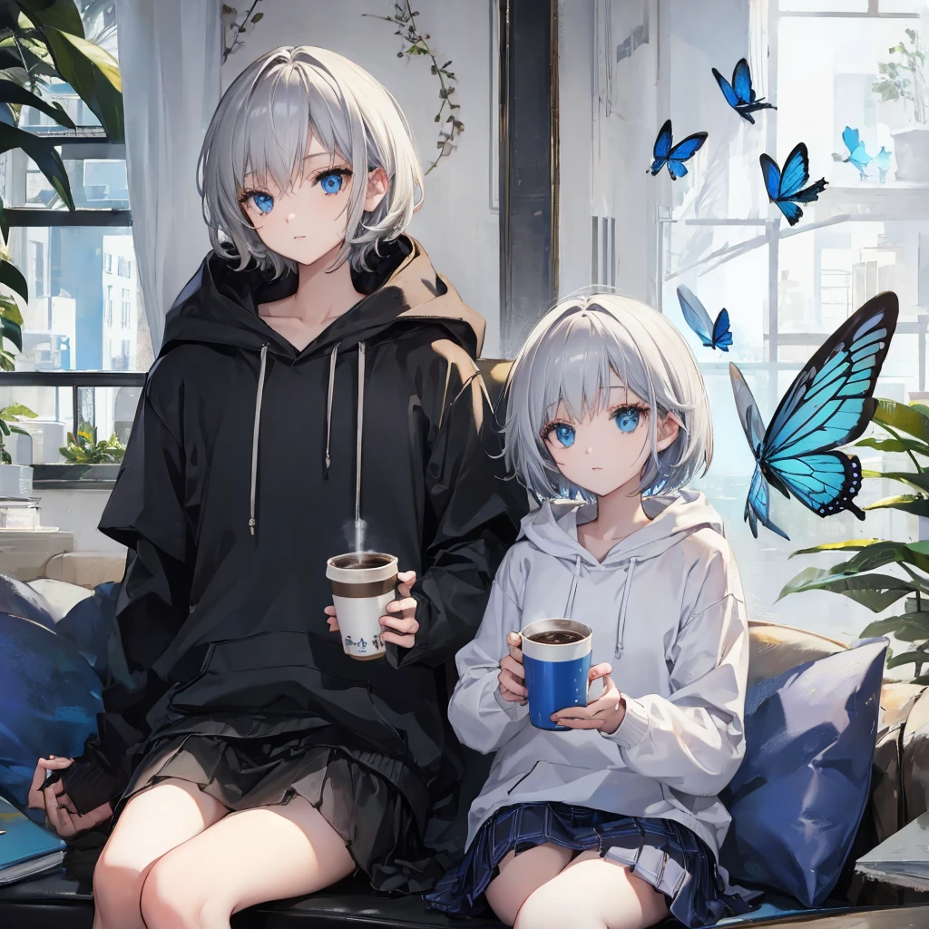(((1 person　Gray Hair　Sit on the sofa　blue eyes)))　((High resolution　short hair　hoodie　Black Skirt　Rin々Funny face))　((Look to the side))　((Blue Butterfly　Asahi　Shining Aura　Catch the wind　Holding a cup　Drink coffee))　(smile　Bathed in light)　Shining Background　Shining Edge