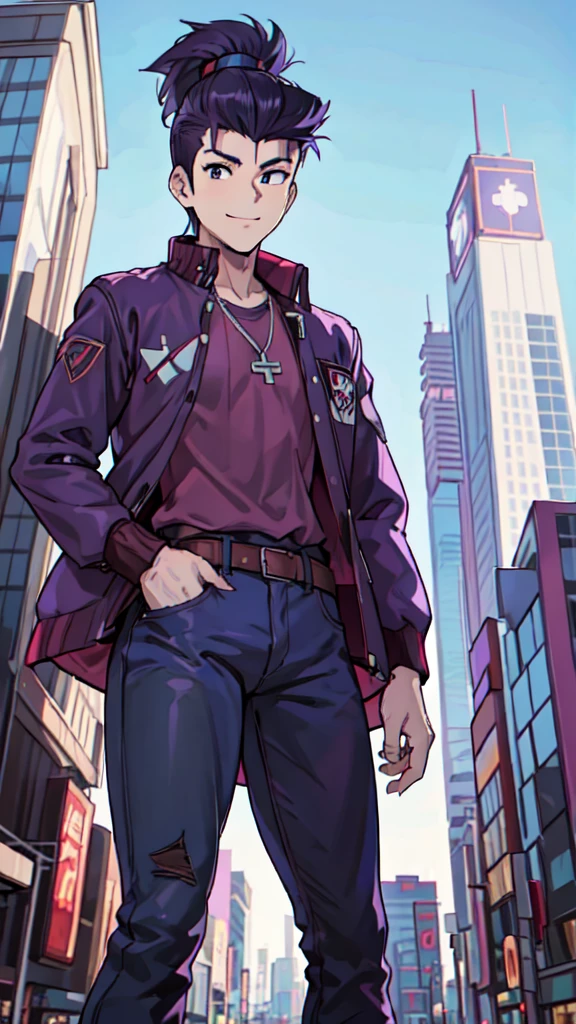 Bad boy, low angle, purple pompadour, red jacket and jeans, looking at camera, smiling, Tokyo city