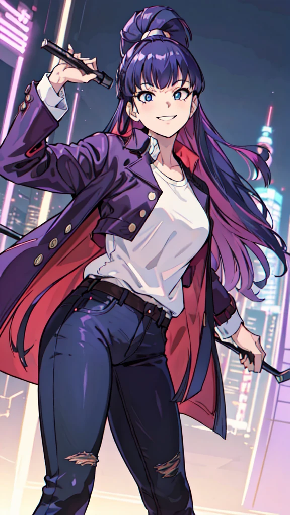 Bad boy, low angle, purple pompadour, red jacket and jeans, looking at camera, smiling, Tokyo city