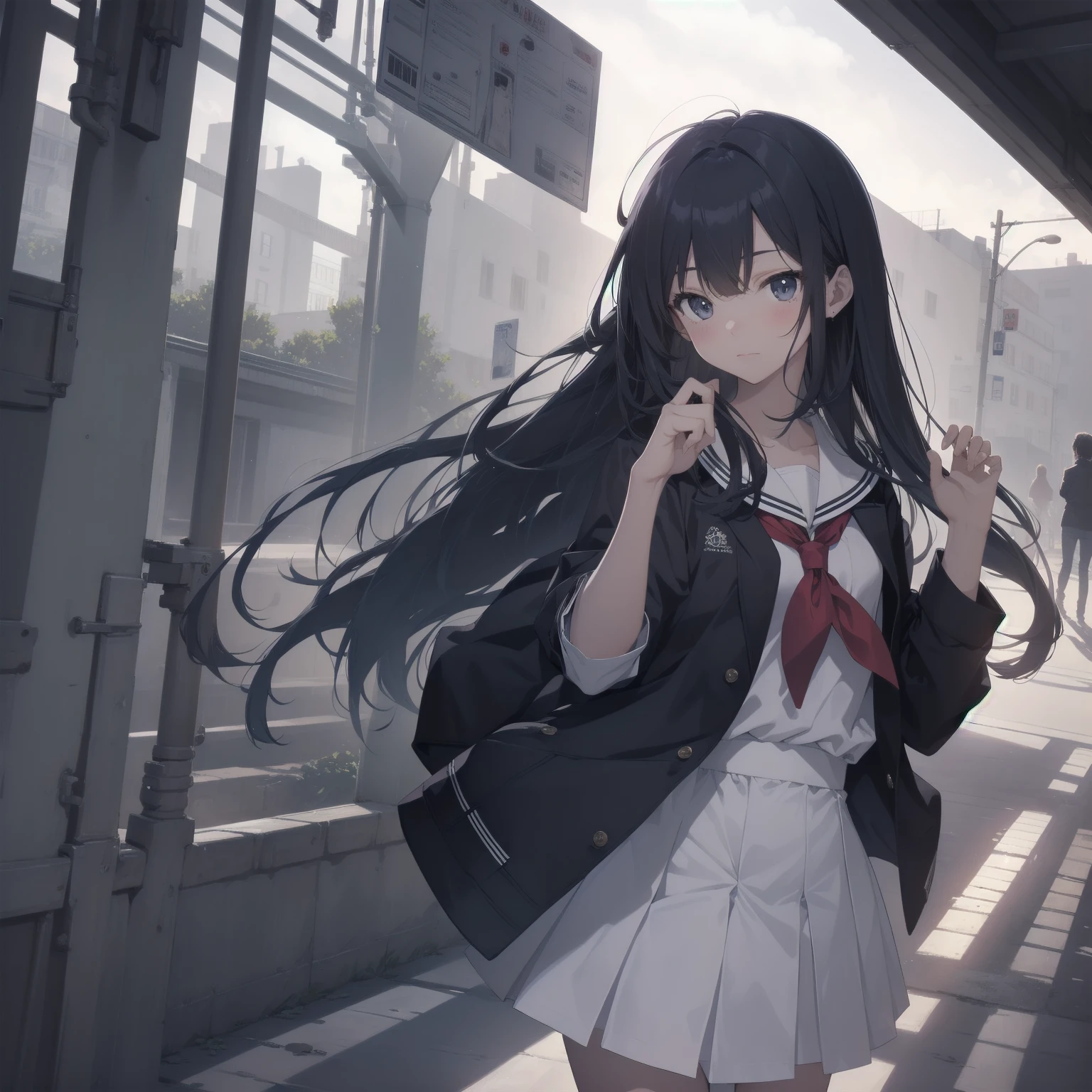 ultra-absurdres-Top quality by artist God, ultra-detailed, high resolution, anime moe artstyle, best anime 8k konachan wallpaper, pixiv contest winner, pool:2810, perfect anatomy,break, 1girl, (Please draw a girl walking sleepily to school alone. )break,(Solo,little female, 13-year-old:1.3),Full limbs, complete fingers,a junior high school student, (very short hair), short cut, flat chest, , small butt, small black eyes, beautiful detailed eyes, well-proportioned iris and pupils, expressive eyes, highres detailed hair, soft expression, salor school_uniform, sailor collar, serahuku, bow, pleated skirt,(Detailed Lighting), (Detailed background), in the School commute route. break,super detailed skin, Best cinematic lighting powered by famous artist, 8k,beauty illustration,photoshop_(medium),very aesthetic,break,((artist:wa_(genryusui) )), artist:clamp ,artist:carnelian ,artist:kantoku ,
