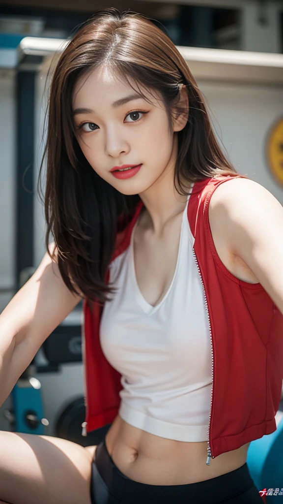 Highly detailed CG unity 8k wallpaper, of the highest quality, Super detailed, masutepiece, Realistic, photographrealistic, extremely detailed cute girl, 25yo, cleavage , (perspired) , Round eyes, peeping at the viewer, Blush, Smile, parted lip, Semi-body shot , Realistic、track suit、Realistic reproduction with vests , Panties , Squat, sports gym