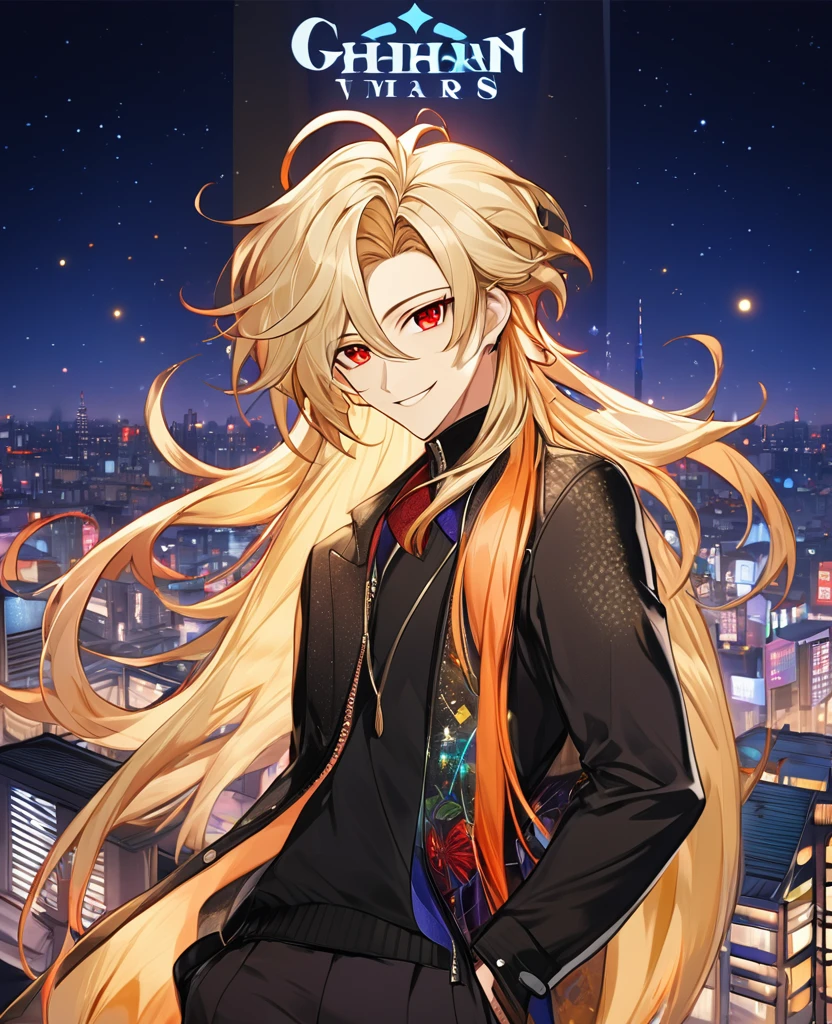  (Blonde_hair),(long_male_hair), (red_vibrant_eyes), (detailed_eyes), (warm_smile), (attractive), (background_colorful_night_city), (male), (detailed_Hair), (detailed), wears a 19's outfit, 