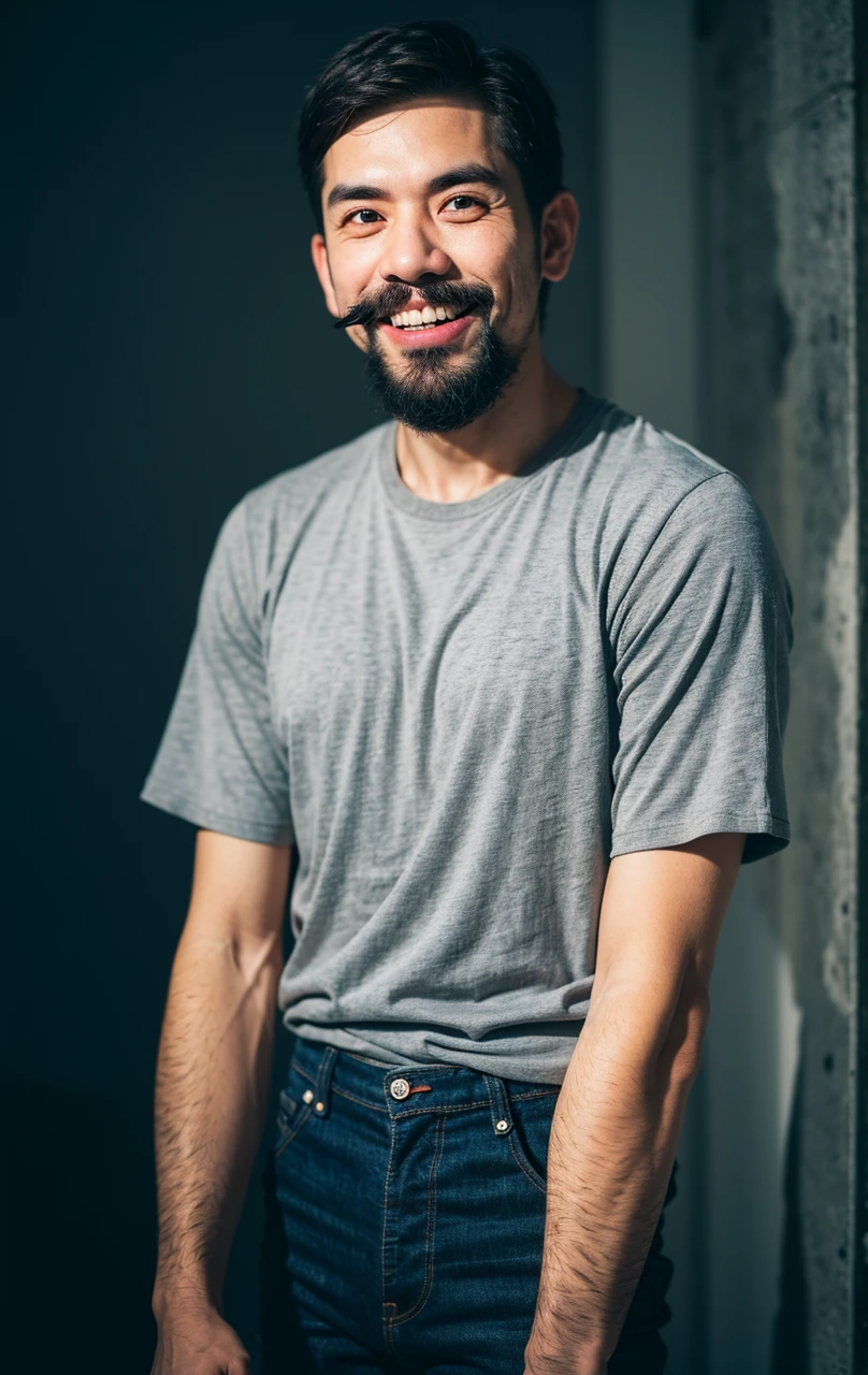 1boy, short hair, black hair, smile, teeth, mustache, facial hair, beard, (white t-shirt), jeans, (isolated on dark-grey backgroud:1.2), dynamic pose, (soft lighting:1.2), shot on Canon EOS 5D, best quality, ultra high res, (photorealistic:1.4), masterpiece, real life skin, hyper real, perspective