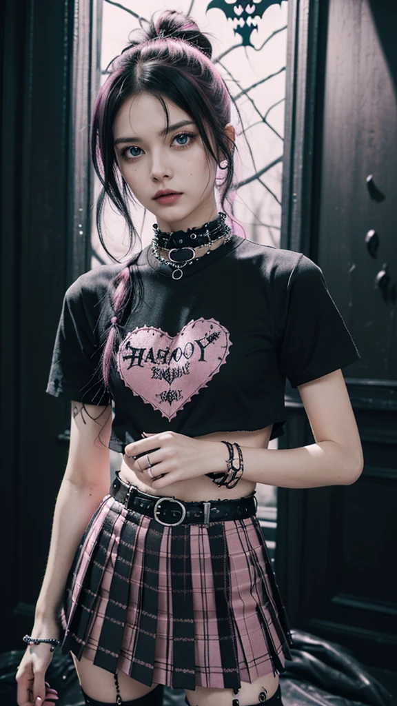 (Ultra-detailed eyes), (((textile shading))), (((Best Quality))), (((masutepiece))), (((Ultra-detailed CG))), sassy girl, (((magical ))), (), (tiny chest), black hair, black hair, black hair, black hair, Spooky Season In Punk hairstyle, ((messy hair, gorgeous hair)), Pink eyes, (((Spooky Season In Punk Outfits))), ((spooky punk a pose)), (((Game CG)) (gorgeous, sassy, it girl), fancy jewelry, haunted house, dark day, strong Spooky Season In Punk atmosphere, strong haunted house atmosphere, cowboy shot, midshot, centered image, eye on camera, heart panel baby tee, black pleated mini skirt, pastel color