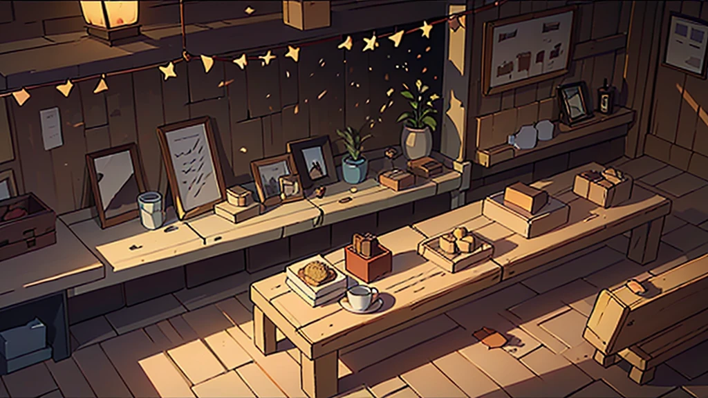 There is a rough stone table in the picture,On top of it is an open wooden box。Several woodworking tools are scattered in the wooden box,Like a shining saw、A used gavel and a faded leather glove。The sun shines through the window, casting mottled shadows,Rendering deep shadows and lights。