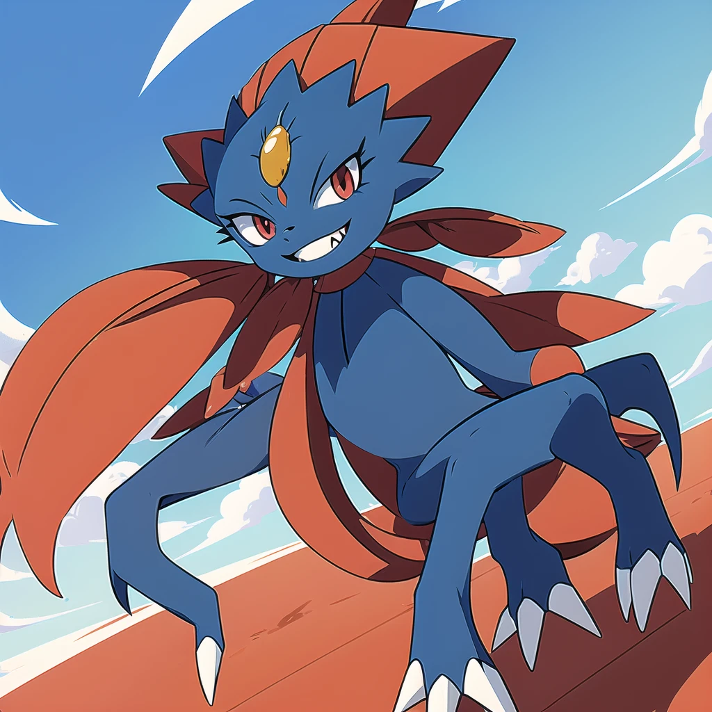 (masterpiece, best quality:1.2),solo,Weavile \(pokemon\),pokemon \(creature\),full body,no humans,bluish fur, orange gem, red eyes, smile,looking at viewer