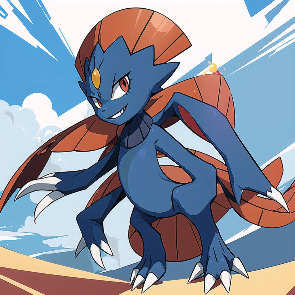 (masterpiece, best quality:1.2),solo,Weavile \(pokemon\),pokemon \(creature\),full body,no humans,bluish fur, orange gem, red eyes, smile,looking at viewer