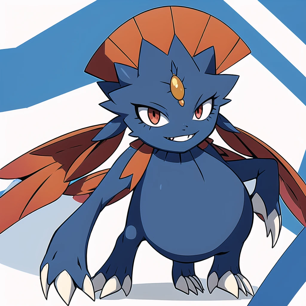 (masterpiece, best quality:1.2),solo,Weavile \(pokemon\),pokemon \(creature\),full body,no humans,bluish fur, orange gem, red eyes, smile,looking at viewer