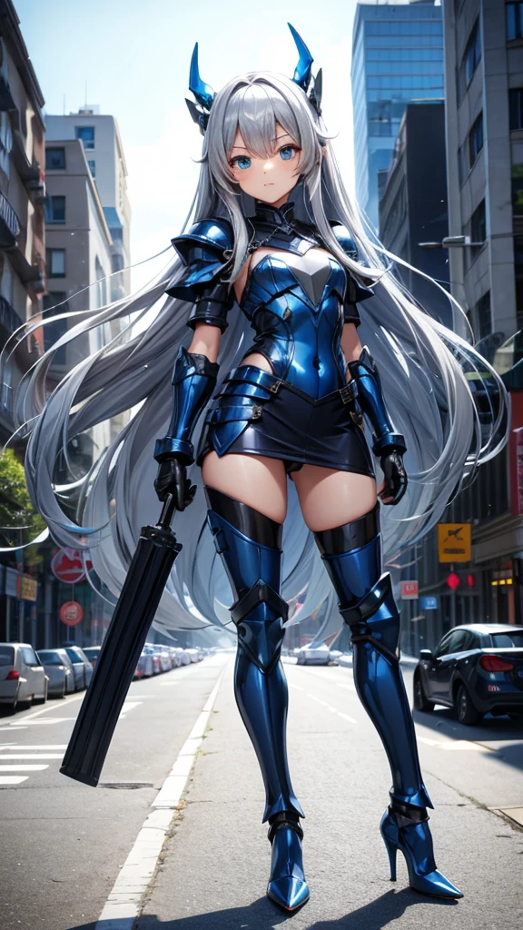 Silver long hair and flat chest，dark blue armor，Blue jumpsuit，Mini skirt，Bare Legs，stockings，high heels，Big cities