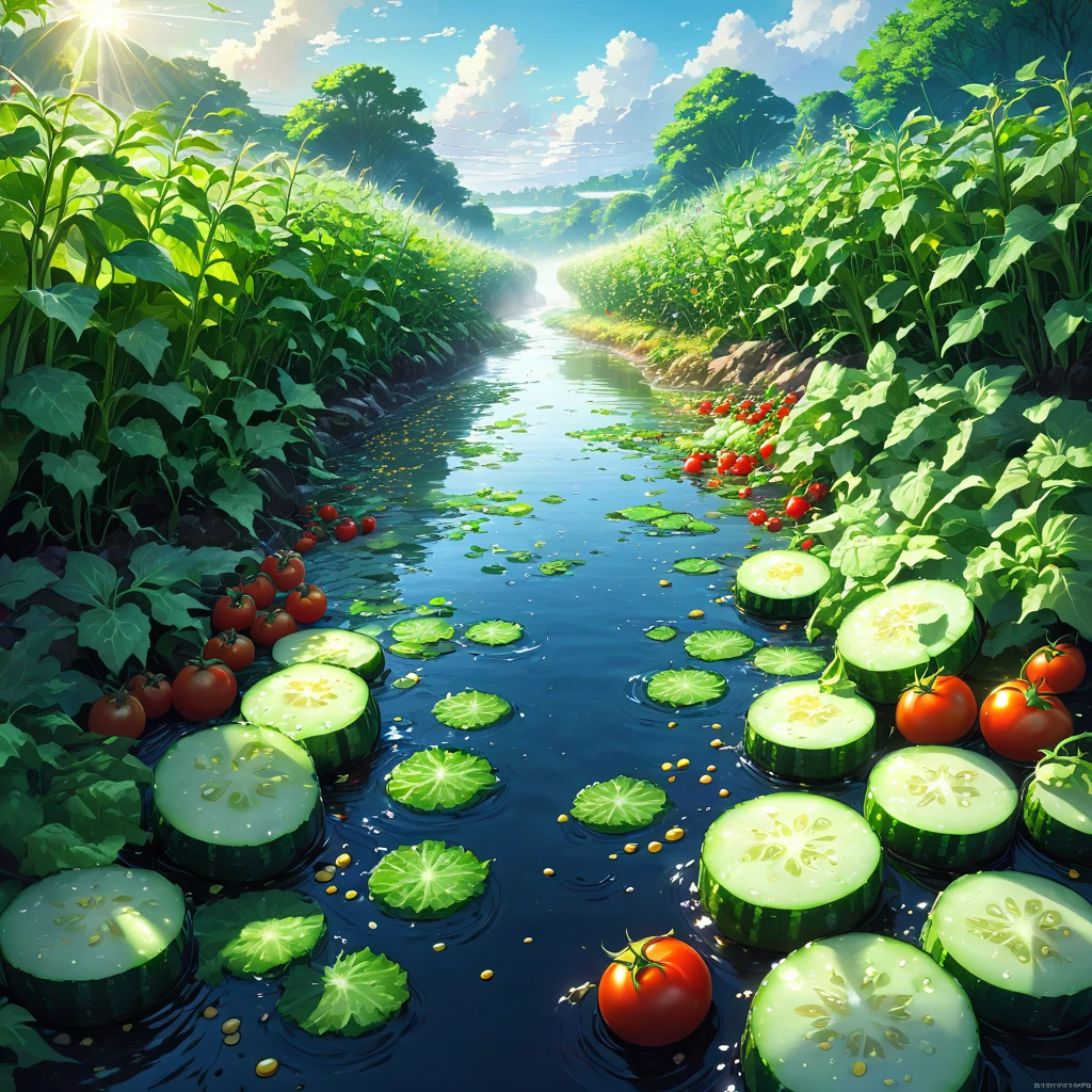Cooling vegetables in a cold river、tomato、cucumber、eggplant、corn、Midsummer、beautiful Anime Scenery, Landscape painting, Beautiful digital painting, Andreas Rocha, Beautiful artwork illustration, Awesome Wallpapers, Raymond Han, Tall beautiful paintings, Studio Greeble Makoto Shinkai, Beautiful Wallpapers, Anime Scenery