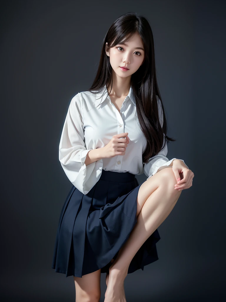 White Room、Navy blue mid-length skirt 、blouse、(Highest quality)、((Very detailed))、4K、(8K)、masterpiece、Super detailed、Highest quality、Super Resolution、One person、Kind Face、Soft Light、Raw quality、Soft Skin、Heel、Thighs、163cm、bouquet:1.5