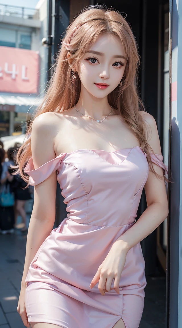 CG unity ((Extreme) Detailed 8k wallpaper, masterpiece, Highest quality:1.2), High detail, Best image quality, (woman in Pink Dress standing in front of a store with a purse, korean female fashion model, Feminine girly dress, Soft silk dress, Pink Dress, Korean Girls, Gorgeous Young Korean Woman, wearing a Pink Dress, Beautiful young Korean woman, Beautiful silk dress, Cute pastel colors for a feminine look, Trendy clothes, Ulzzang, Tube top dress, Beautiful Korean Women, Captivating , smooth blonde hair), Body, whole body, Perfect Body Beauty, Slim waist, Big , Big , Slim and beautiful thighs, Beautiful slim legs. Unparalleled beauty, Exquisite and perfect features, Make your face bright red, Highly detailed face and skin structure, Harmonious facial details, light makeup, smile, Fair skin, Big eyes, Sparkly eyes, Soulful eyes, Cute eyes, double eyelid, Round eyeball, Round pupils