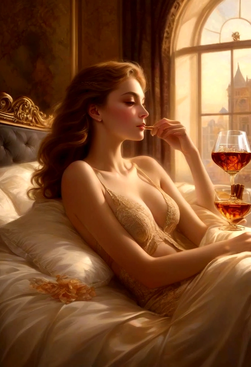  (masterpiece), situation in the bedroom, Very beautiful girl 17 years old, 1 woman sitting on a luxurious bed, lounging on soft pillows, outside расслабленности и спокойствия, A smile on his face, (glass of cognac in hand:1.7),outside: legs crossed and knees bent like (outside йогов:1.2), an ethereal and beautiful Hugo Boss model from the 1940s., Beautiful painting with a very detailed face by Alphonse Mucha., Craig Mullins, Greg Rutkowski, Magali Villanueva, (the most beautiful picture), (nude:1.3), the whole body is visible, Perfect Body Shape, looking down at her, luxurious bedroom and interior