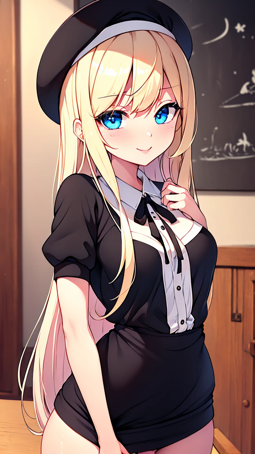 Highest quality,masterpiece,masterpiece portrait,Upper Body,　Blonde、Blue Eyes、Pink lips、、White shirt、Black Ribbon、Sexy atmosphere、cartoonist、(((Slightly erotic)))、Wearing a beret、smile、Anime Style、Beauty、Her background is monochrome black、(((Front view)))、Looking up,oil