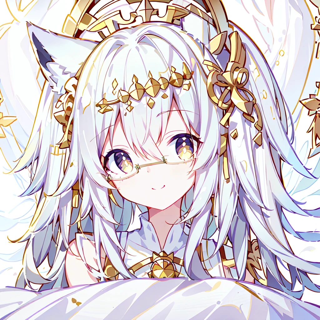 ((Best quality)), ((masterpiece)), (detailed), best quality,8K,original photo,White Fox Girl,touch fox,Castle Background, Liveliness. Carefree happy joy bokeh background. Quiet aesthetics. Soft lighting. Artistic Lighting. Gold frame glasses