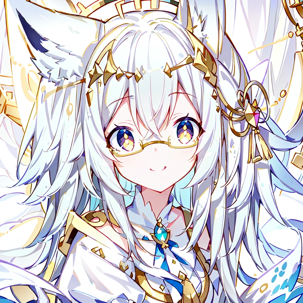 ((Best quality)), ((masterpiece)), (detailed), best quality,8K,original photo,White Fox Girl,touch fox,Castle Background, Liveliness. Carefree happy joy bokeh background. Quiet aesthetics. Soft lighting. Artistic Lighting. Gold frame glasses