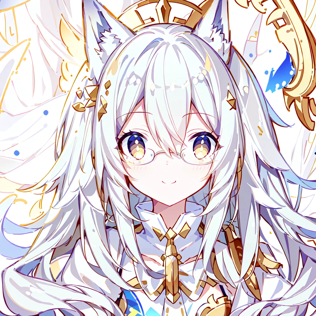 ((Best quality)), ((masterpiece)), (detailed), best quality，8K，original photo，White Fox Girl，touch fox，Castle Background， Liveliness. Carefree happy joy bokeh background. Quiet aesthetics. Soft lighting. Artistic Lighting. Gold frame glasses