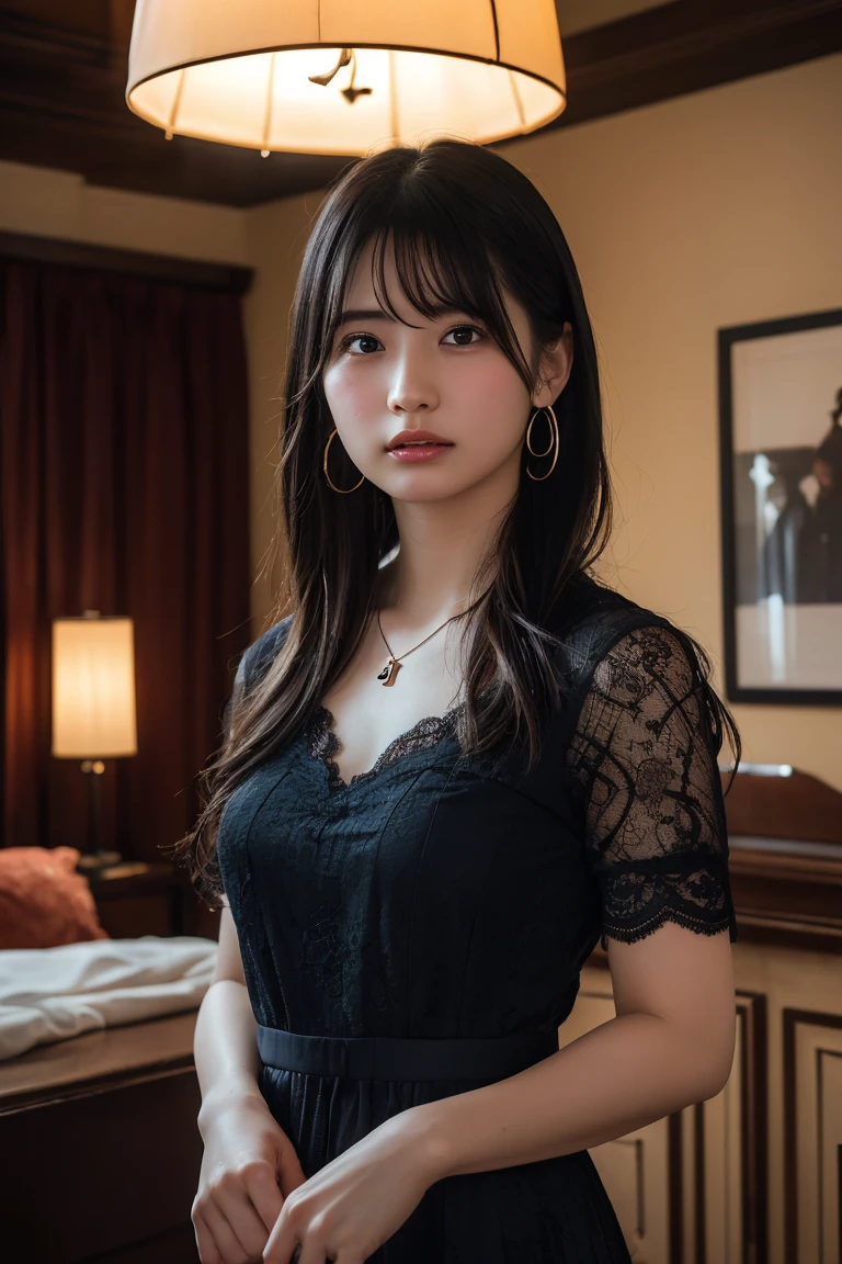 (Highest quality:1.4)，(masterpiece:1.4)，(Realistic:1.4)，(Realistic:1.2)，(超High resolution， RAW Photos:1.4)，(High resolution， Ultra-detailed:1.2)，(8k:1.2)，View your viewers，Cinematic photography，One girl，skeletally correct，Black-haired woman，Woman in her early 20s，(Small earrings，necklace，Tulle bustier，Crochet long skirt)，（Western-style building interior，Dimly lit room，The lamplight shines on my cheeks）