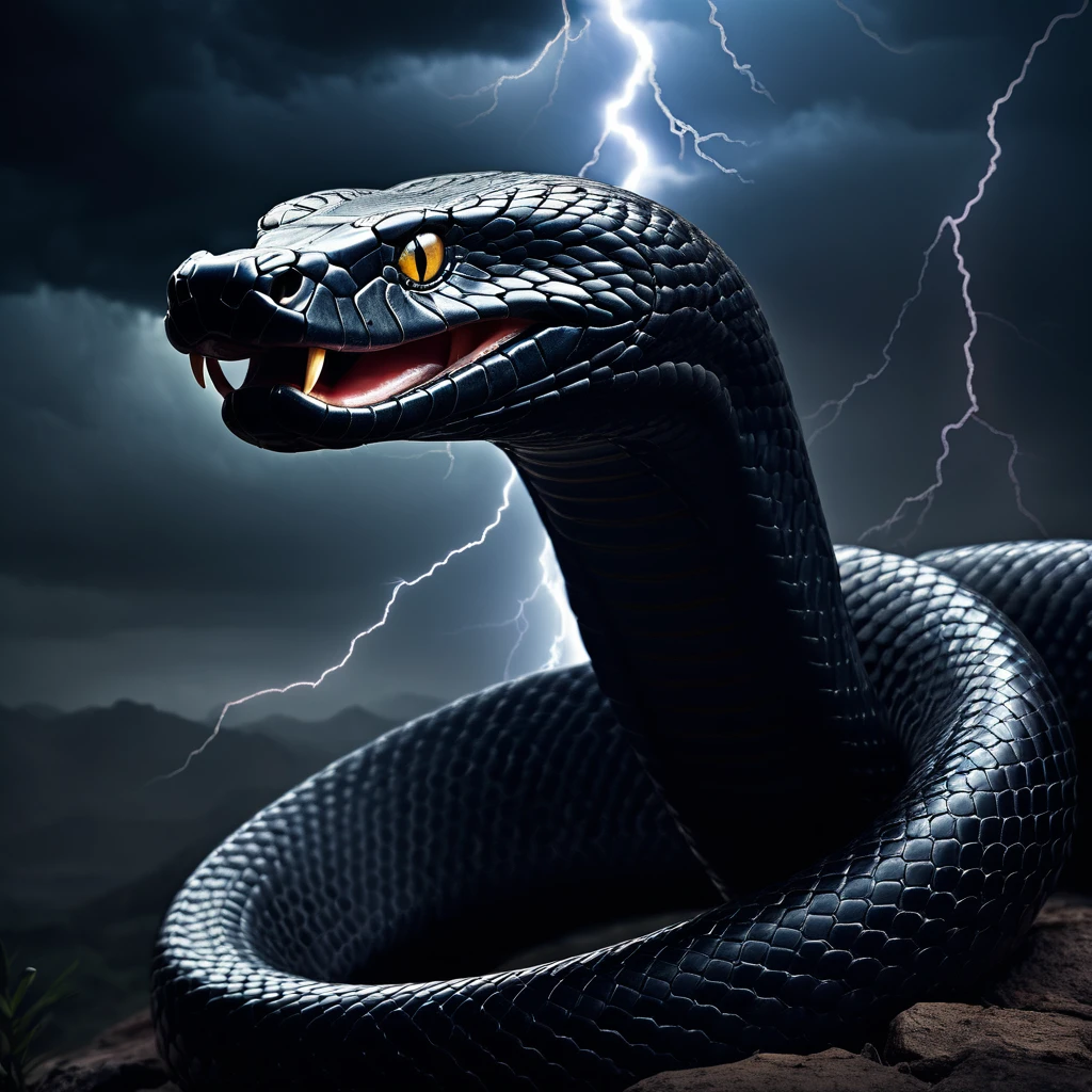 a highly detailed and cinematic illustration of a black cobra, dramatic lightning in the background, hyperrealistic, chiaroscuro lighting, moody and atmospheric, dark fantasy, digital art