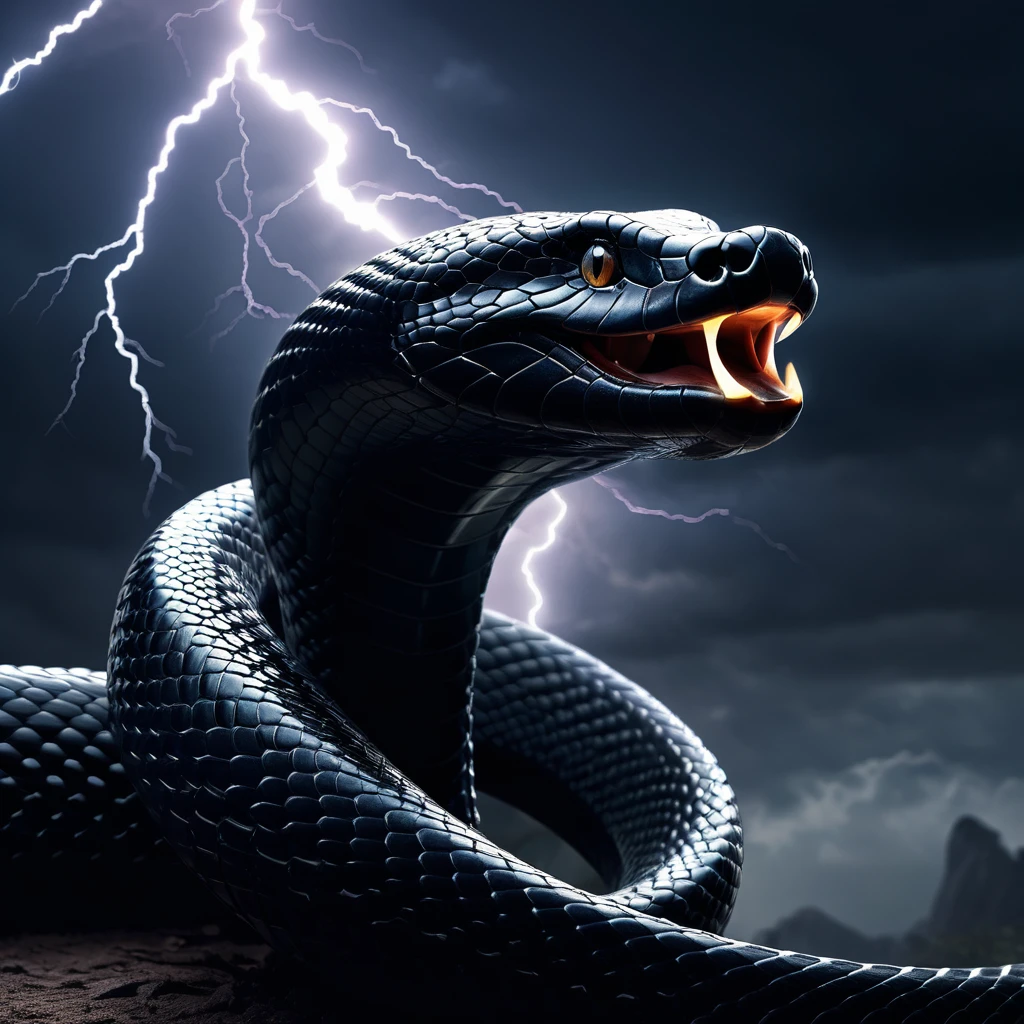 a highly detailed and cinematic illustration of a black cobra, dramatic lightning in the background, hyperrealistic, chiaroscuro lighting, moody and atmospheric, dark fantasy, digital art