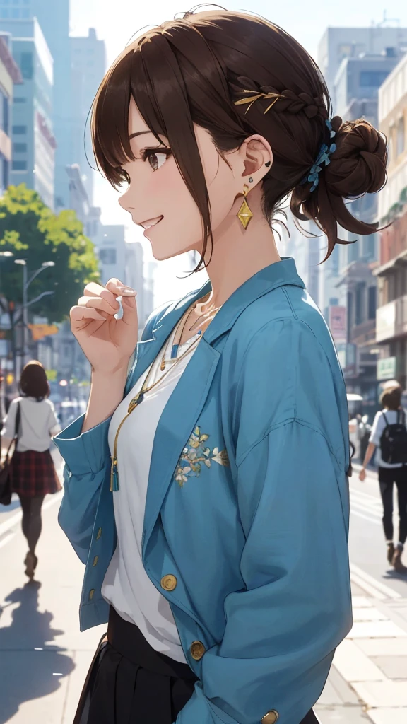 The background is the city、Skyscraper、Busy downtown area(Highest quality、masterpiece、High resolution)、、((Right beside、Woman profile、))、(Detailed depiction of a beautiful face)、Suit jacket、A kind smile、Medium Short Hair、Brown Hair、Braiding、、
information(Highest quality:1.2)、Very detailed、High resolution、masterpiece:1,2、Bright colors、Bokeh、Professional Lighting、Physically Based Rendering、Flat Color:0.8、Fine Illustration、Realistic:1.37、Makoto Shinkai style、Name Style、Light Brown Hair、Elegant update、Short Bob、Young woman、Laugh together、Dynamic poselip、cheek(Dark Brown Hair/)bangs、cheek(direction)、(最高masterpiece1.2)繊細なイラストVery detailed、Break Blue Sky、Detailed Background、20-year-old female、、A shy smile、Through clenched teeth、Clench your teeth、lip、cheek(Flat Color: 0.8)、(masterpiece: 1,2)、(masterpiece: 1,2)、High resolution、超High resolution、Highest quality、High resolution、Ultra-thin illustration、Makoto Shinkai style、Your Name is Style、long hair、Short Bob、necklace、Earrings、Dynamic pose、Selfie、whole body、Brown Hair、Braiding、Hair Bun、ponytail・Hair Bunスタイル、necklace、Valletta、ribbon、Earrings・アニキュア,。