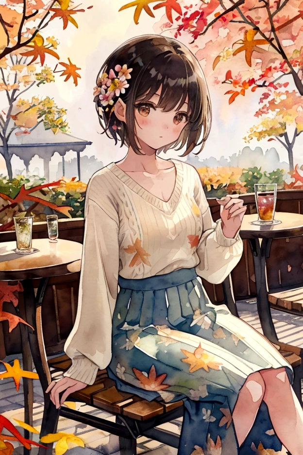 ((Ultra-detailed)、restaurant、Terrace seats、beautiful flower、autumn's、autumn leaves、Watercolor pattern in muted colors)、(Watercolor Texture)、((One Girl)、short hair、cute、V-Neck Knitwear、Long skirt、