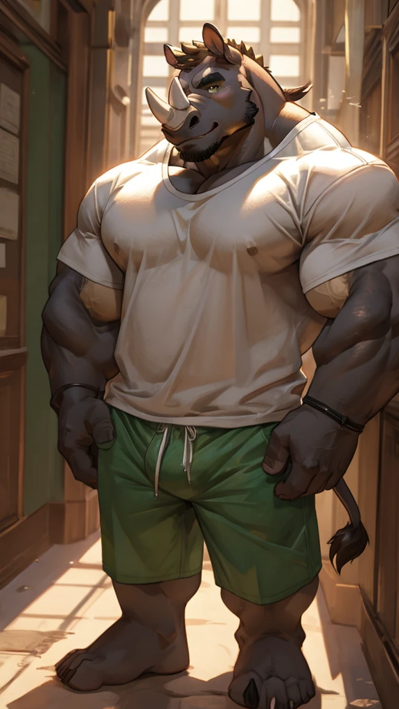 Big Rhinoceros Bara furry anthropomorphic muscular in white t-shirt green shorts