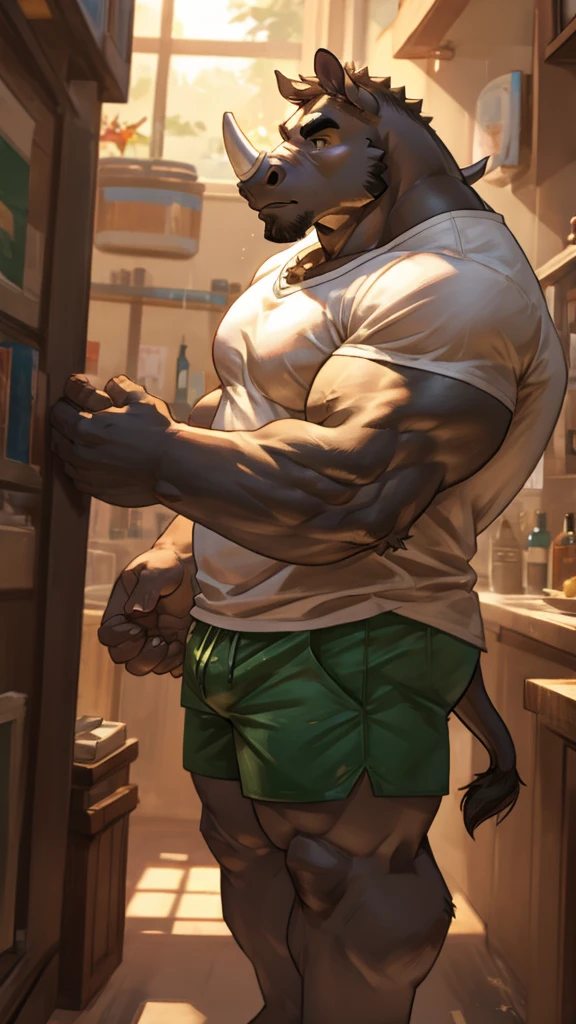 Big Rhinoceros Bara furry anthropomorphic muscular in white t-shirt green shorts